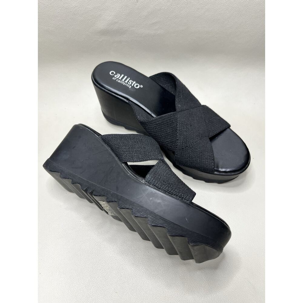 CALLISTO OF CALIFORNIA Black Stretch Cross Cross Fabric Wedge Sandals Size 7